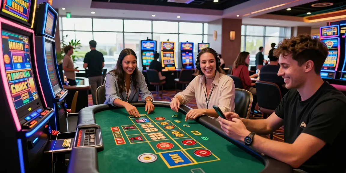 The lively atmosphere at UK casinos not on Gamstop with friends enjoying various games, showcasing the excitement of offshore gaming options.