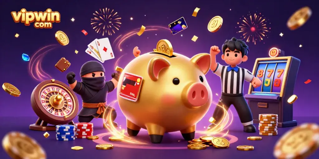 Experience high-energy action at vipwin com with golden coins and dazzling lights in this vibrant casino illustration.