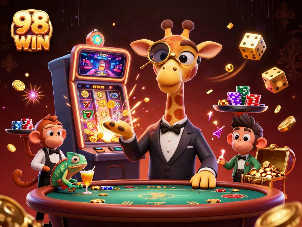 Experience the thrilling gameplay at 98 WIN with vibrant casino characters and slot machine excitement.