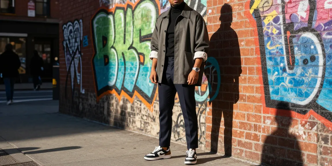 Stylish man showcasing modern men's fashion with urban graffiti backdrop.