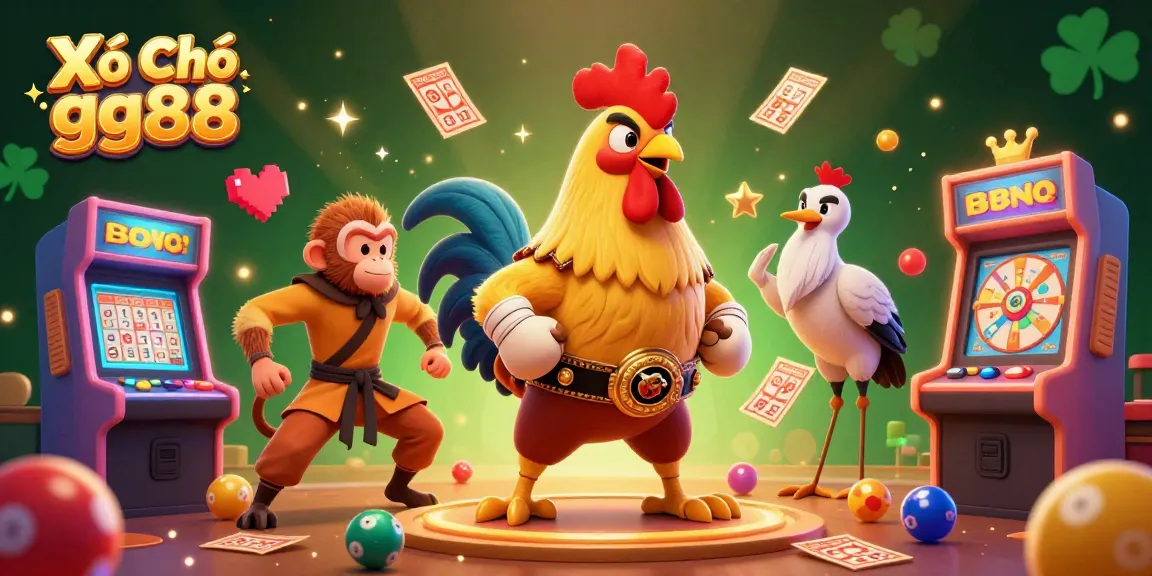Xổ Số gg88 showcases a Muay Thai rooster and a monkey martial artist beside a lottery machine in a vibrant gaming scene.