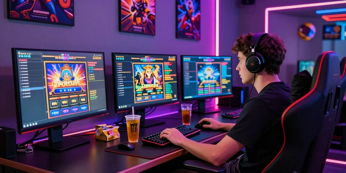Player enjoying a thrilling slot depo 1000 experience in a vibrant gaming setup with multiple monitors.