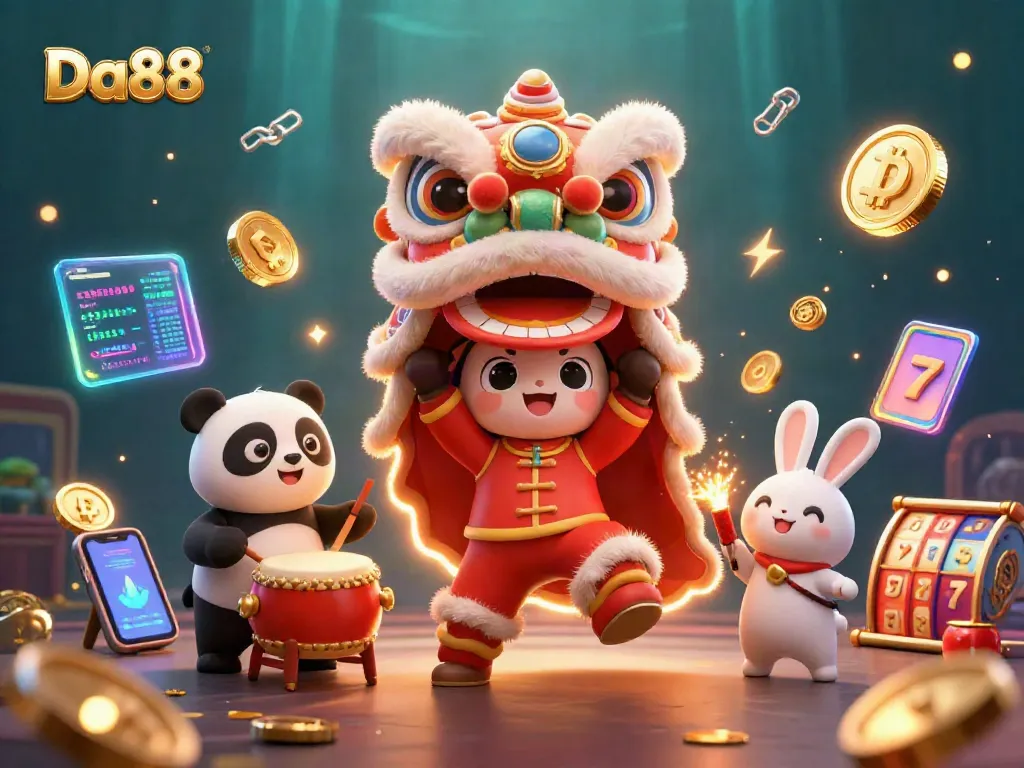 Engage in thrilling gameplay as Da88 brings 3D lion dance characters to life in a vibrant casino scene.