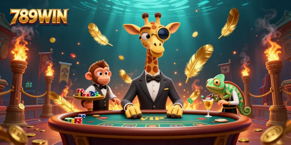 Play at 789WIN with high-roller giraffe and monkey valet at a lively casino scene.