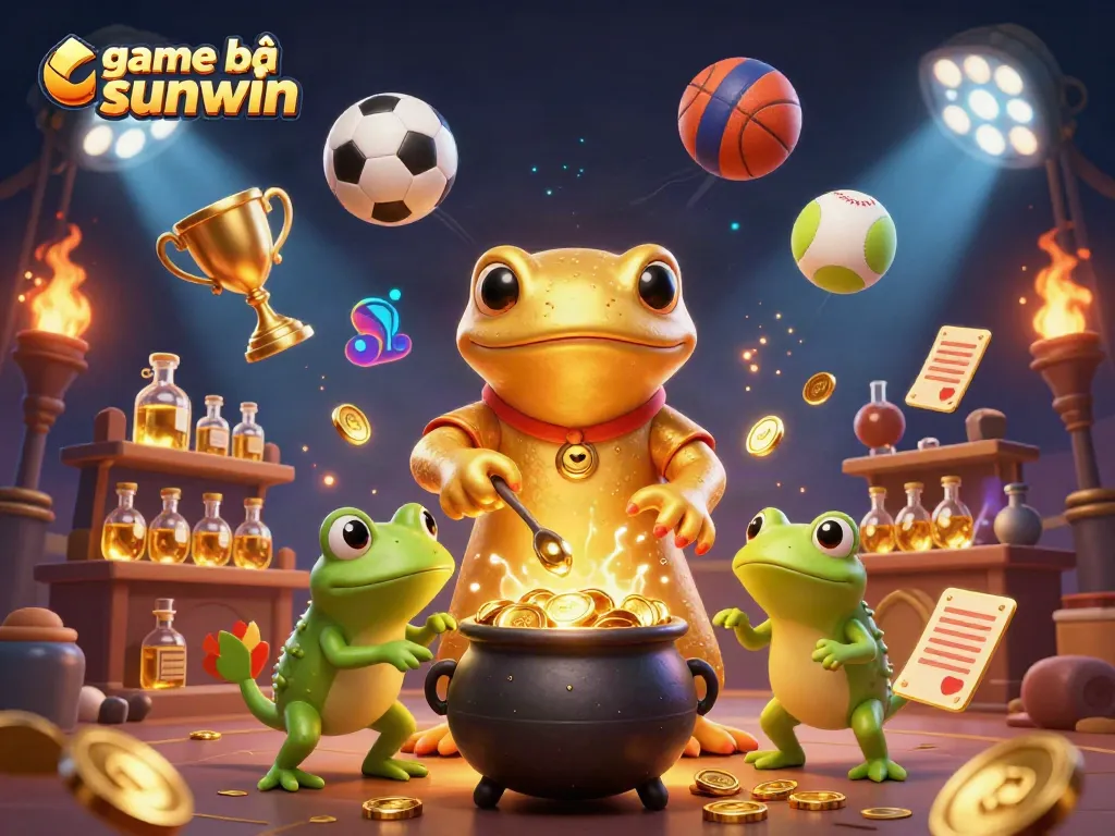 Experience the vibrant game bài sunwin scene with a golden salamander alchemist transmuting coins in an enchanting laboratory.