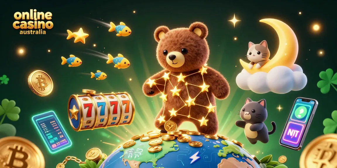 Engage with the online casino Australia experience as a constellation bear scoops up coins amidst rich gaming elements.
