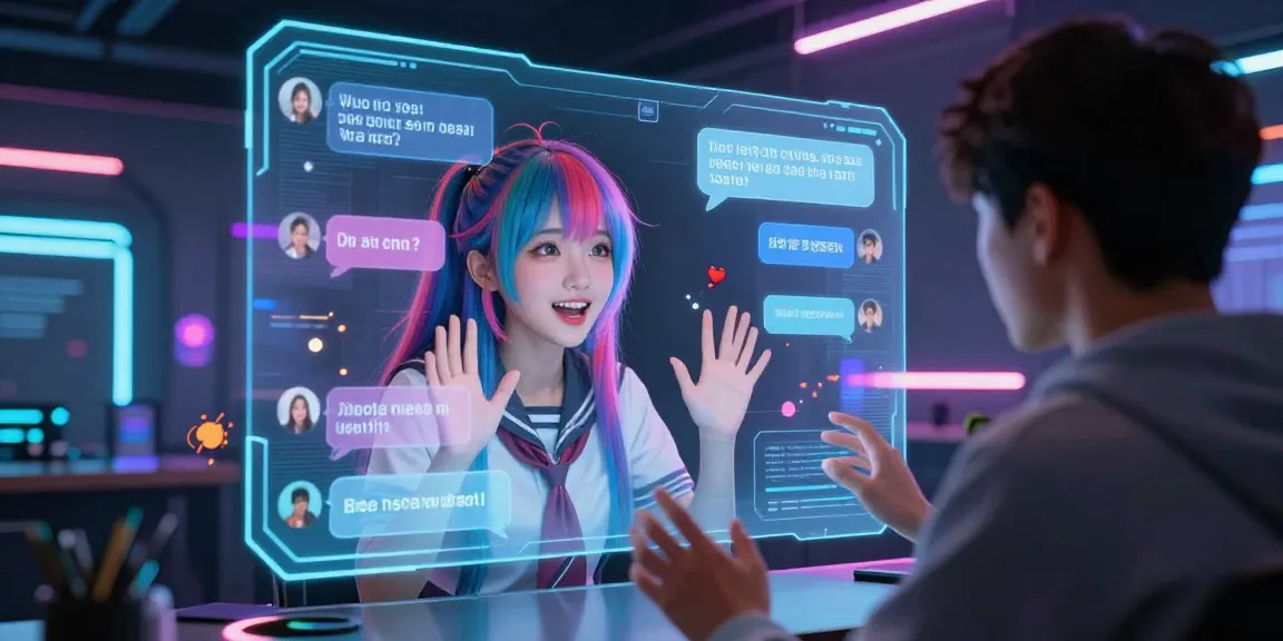 Dynamic ai hentai chat experience featuring an engaging anime character in a neon-lit virtual environment.