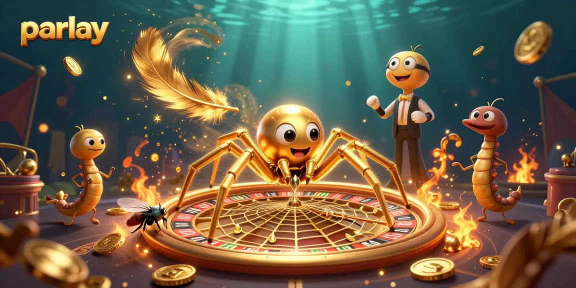 Engaging parlay scene depicting a golden spider and centipede croupier in a dynamic betting atmosphere