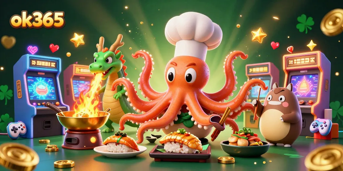 Win exciting games at ok365 with vibrant visuals, showcasing a sushi chef octopus and friends in a lively casino scene.