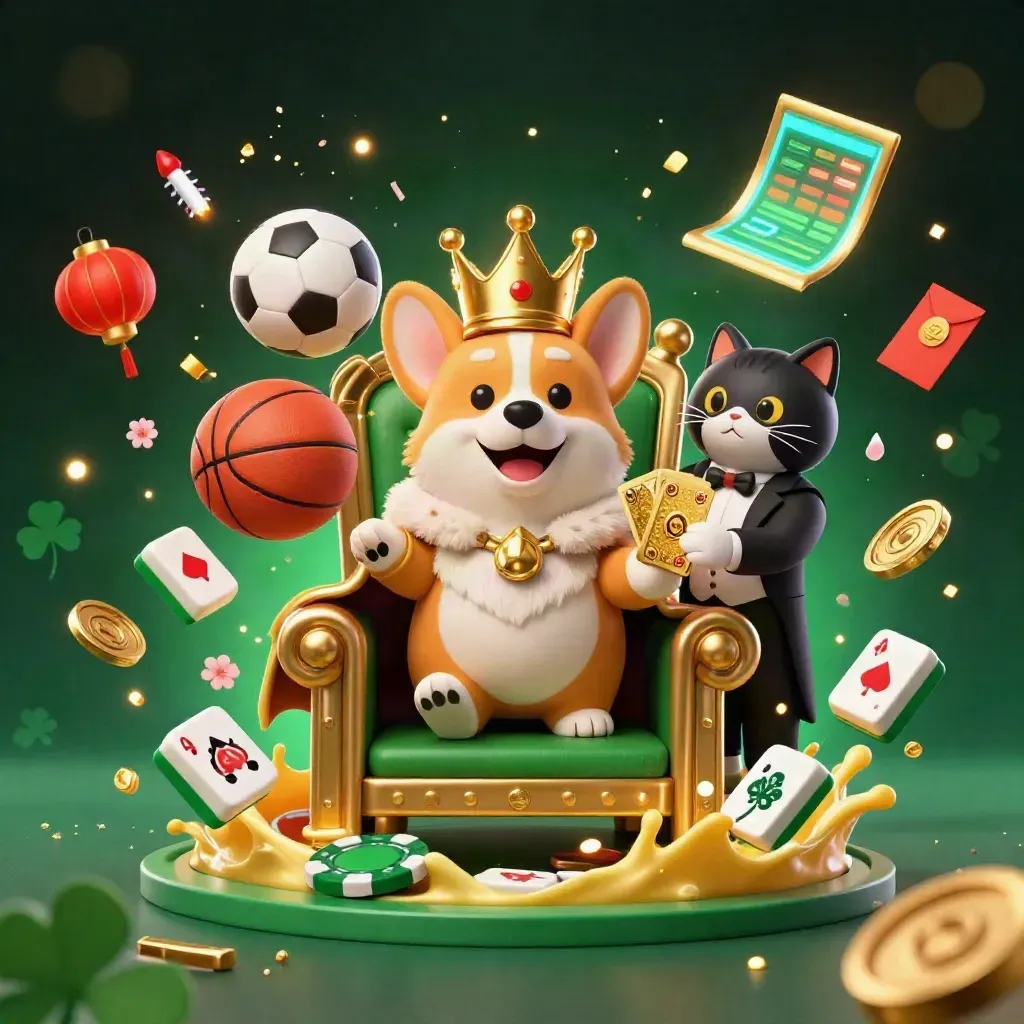 Royal corgi and cat butler amid casino sports props, balls, gold chips and fireworks.