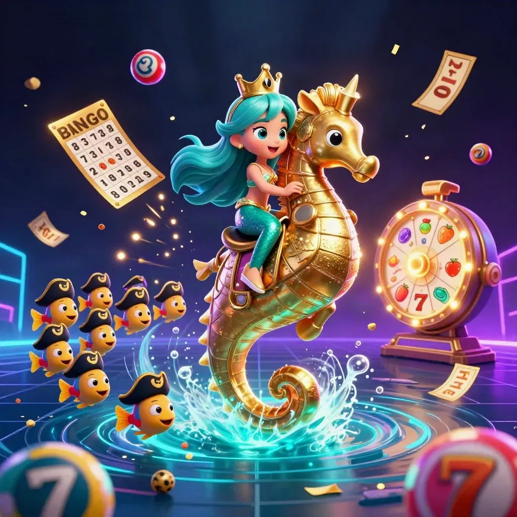 Mermaid princess on seahorse amid casino glow, lottery balls, reels and treasure.