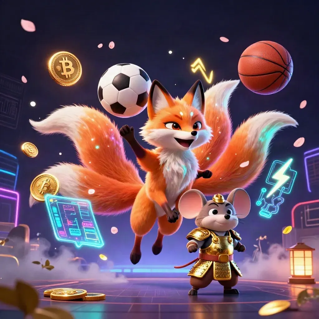 Neon fox spirit and gold-armoured mouse beside frozen soccer ball and crypto glow