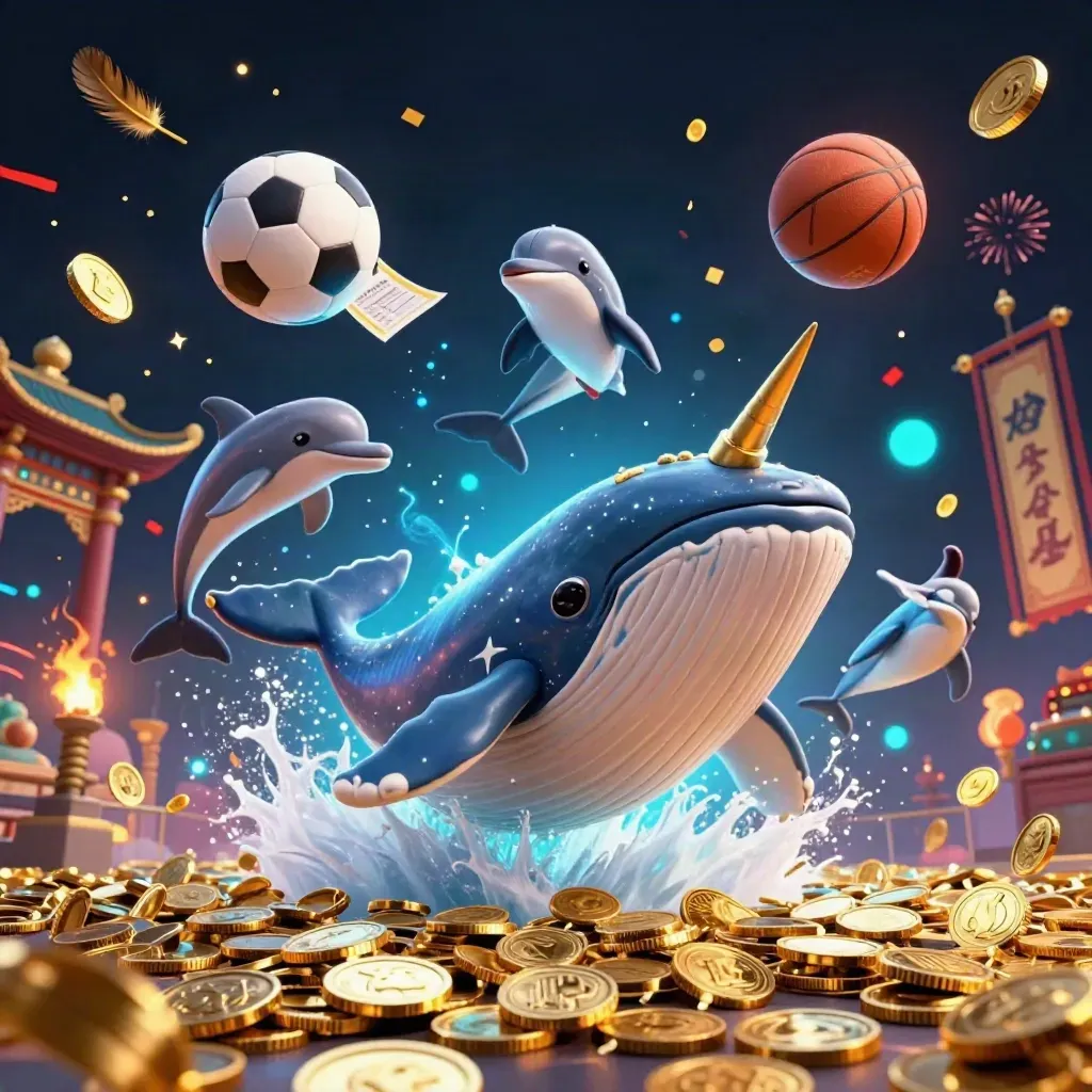 Whale, narwhal and dolphins burst through coins with balls, sparks and glowing casino lights.