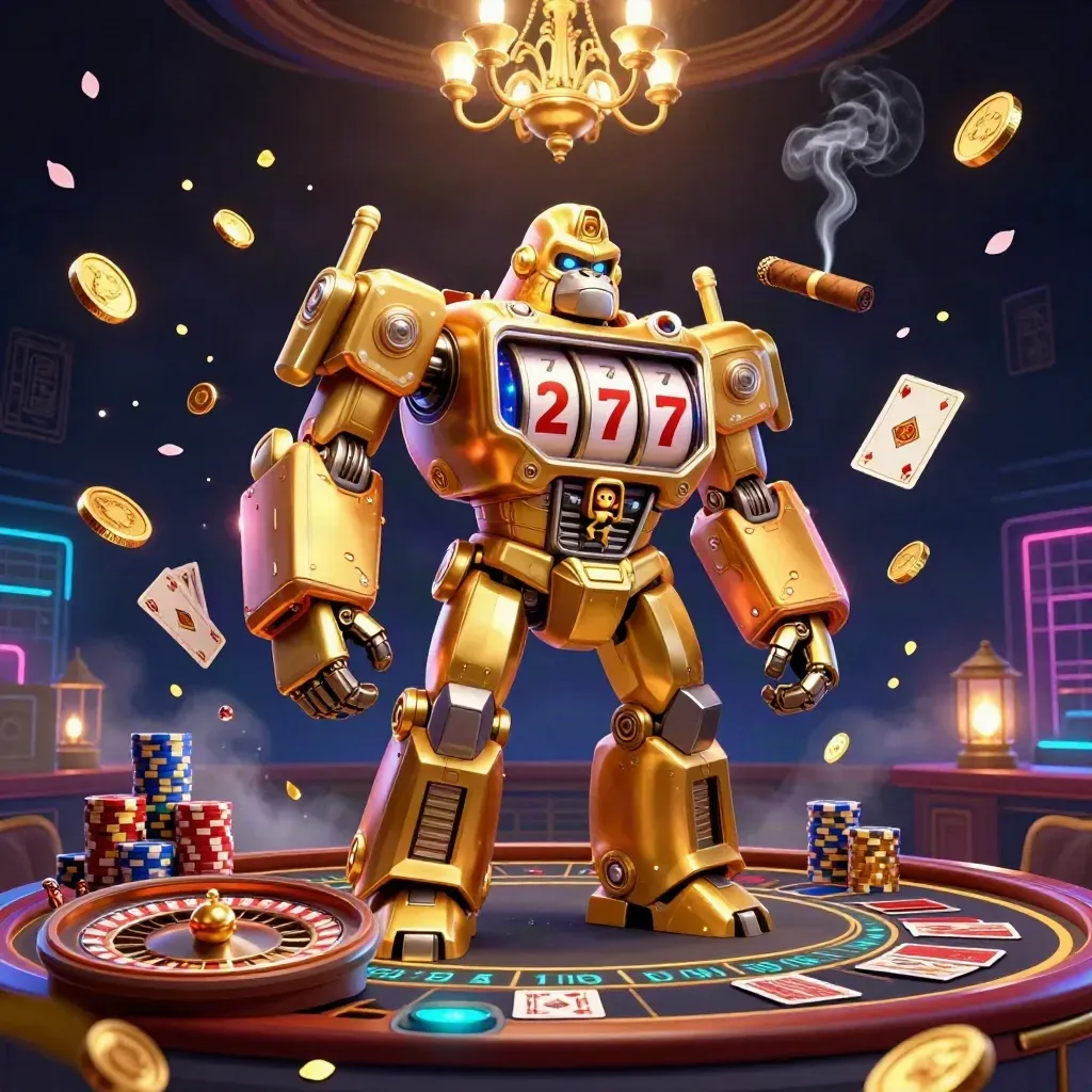 Golden gorilla mech with monkey pilot amid spinning reels, coins, gems, and a roulette wheel.