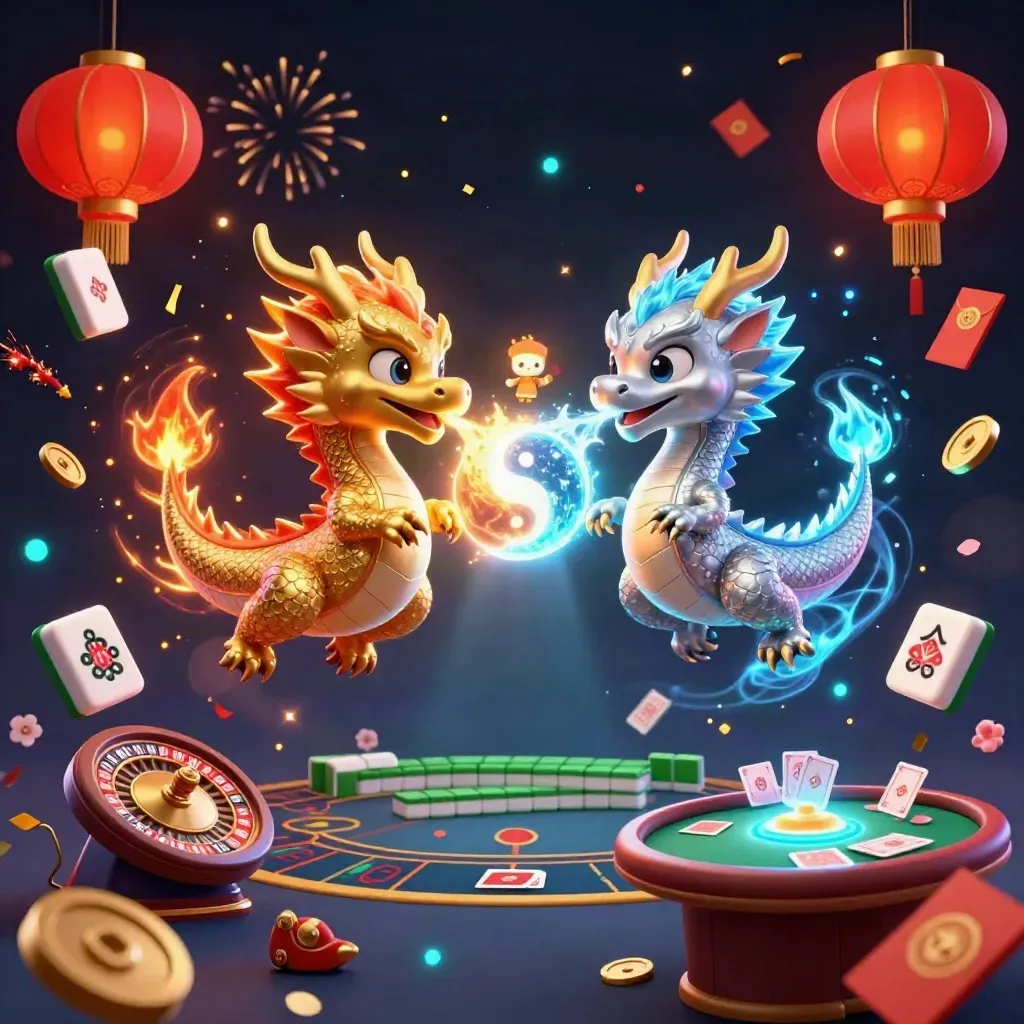 Twin gold and silver dragons yin-yang in a luxe casino fantasy with lanterns and sparks.