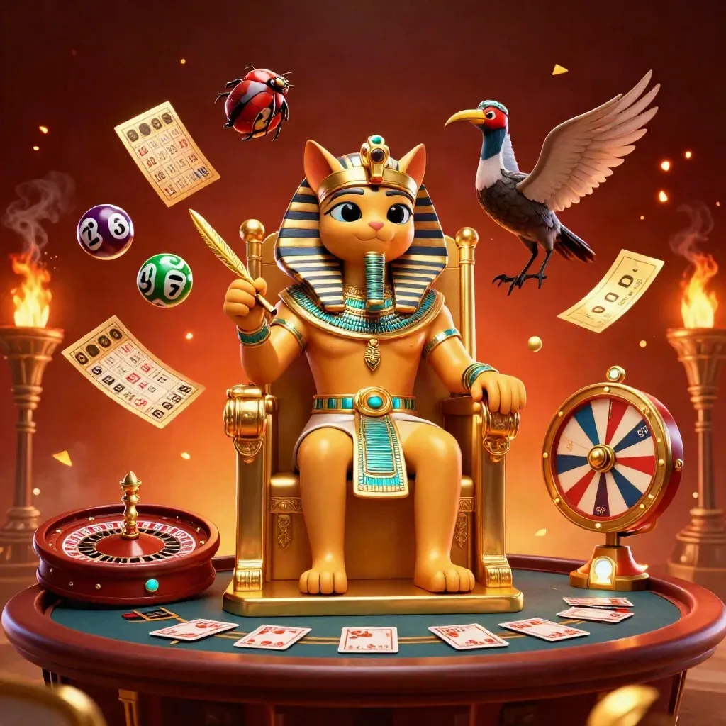 Pharaoh cat, ibis scribe and gem-wing scarabs amid casino lights and spinning bonus props.