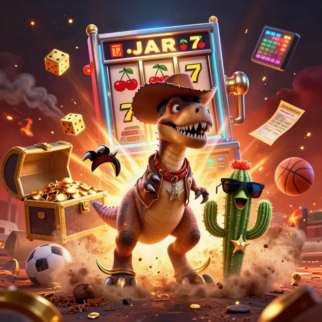 Cowboy T-Rex, cactus and roadrunner burst with slot symbols, balls, gold and ember light.