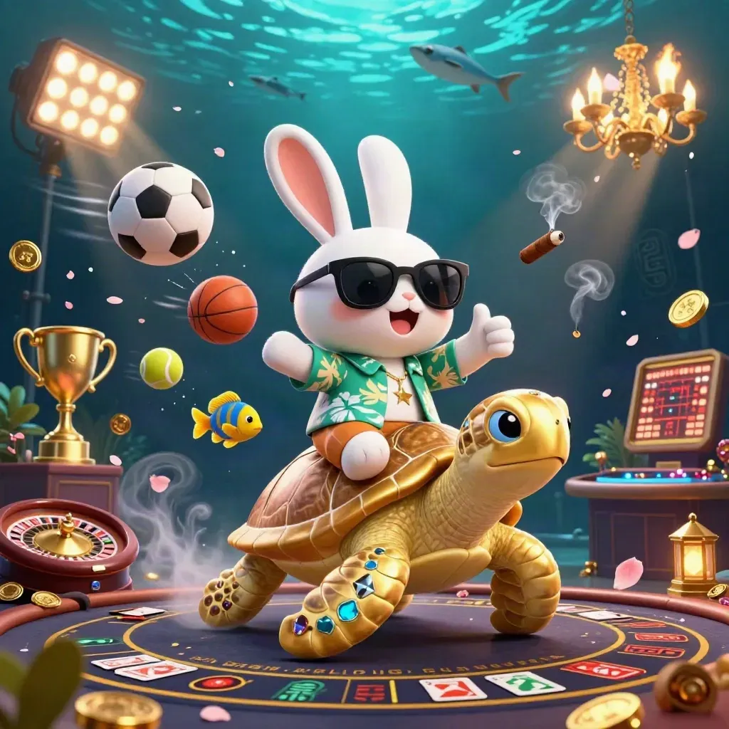 Lucky rabbit on a golden sea turtle amid casino lights, coins, sports balls, and underwater glamour.