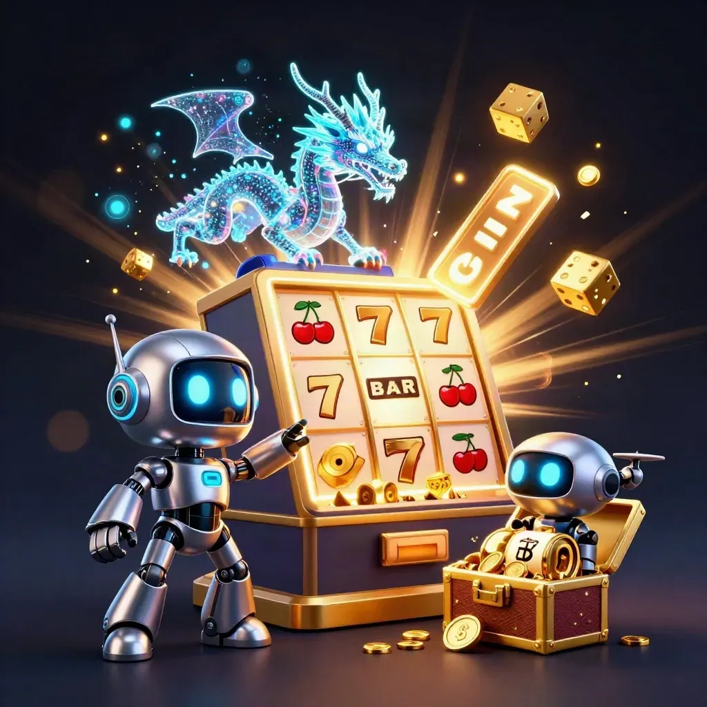 Cyberpunk robot, holographic dragon and coin drone amid casino loot bursts in neon navy and gold.