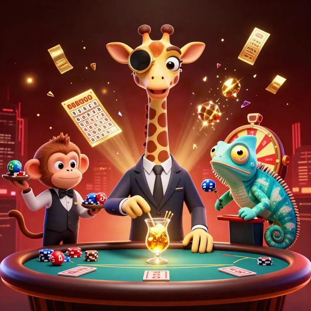 Giraffe, monkey valet, and chameleon bartender amid gold bursts and casino glow.