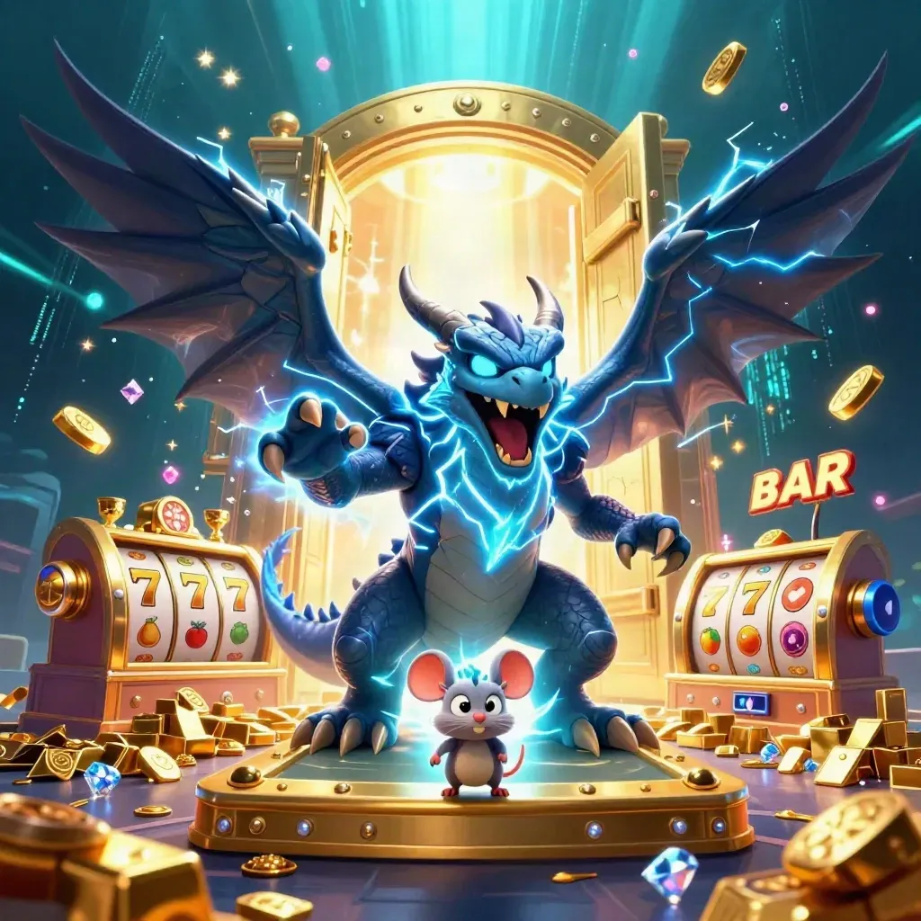 Thunder dragon, wind hawk, and static mouse explode around a glowing treasure vault and casino loot.