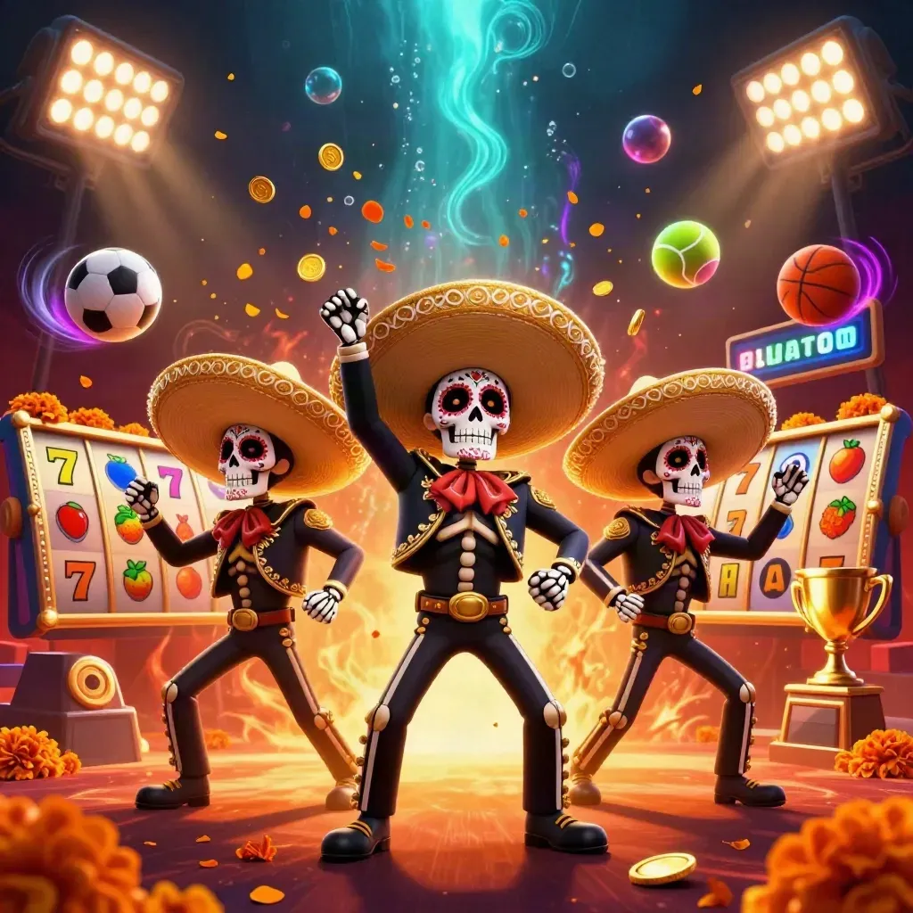 Triumphant skeleton mariachi trio amid coins, reels, sports balls, trophies, and neon casino light.