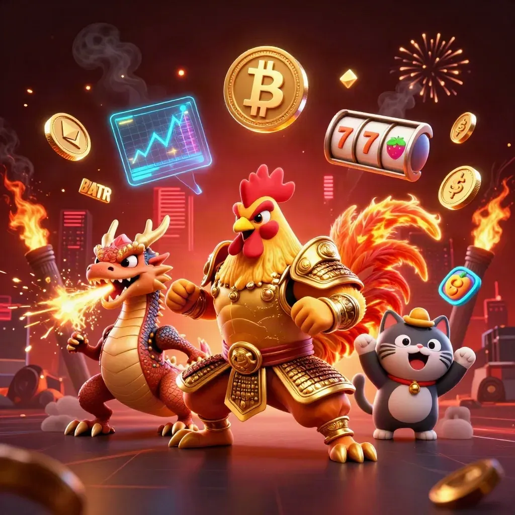 Rooster warrior, dragon hatchling and fortune-cat amid coins, sparks and neon casino energy.