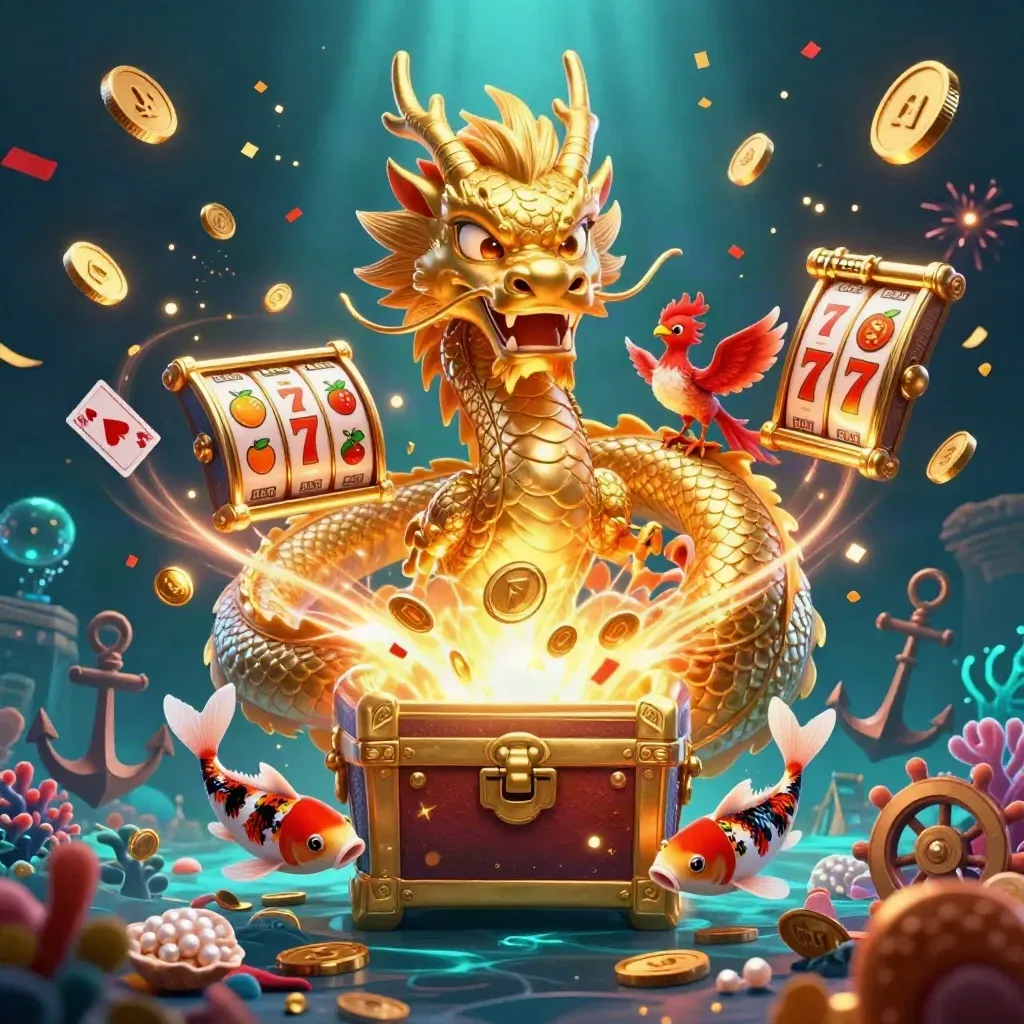 Golden dragon, phoenix and koi amid treasure coins, slot reels and fireworks in an underwater casino