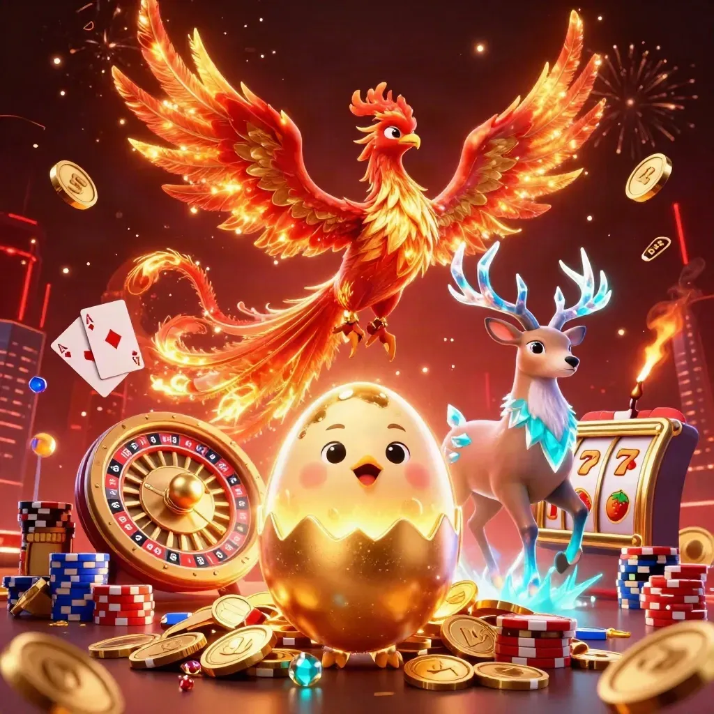 Phoenix, baby phoenix, and crystalline stag amid coins, chips, reels, and fireworks in a dark casino burst.