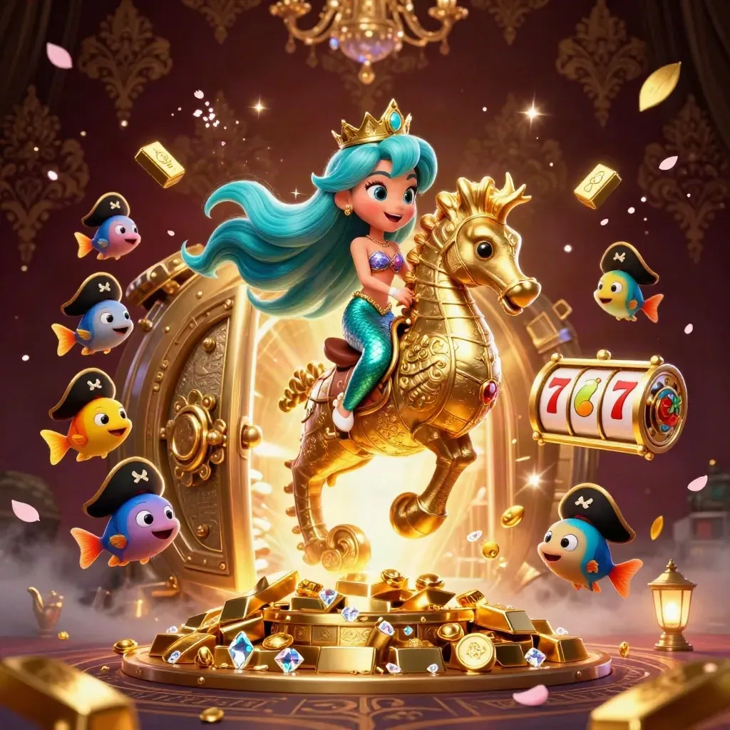 Mermaid princess on armored seahorse with fish, vault, gold, reels, and casino glow.