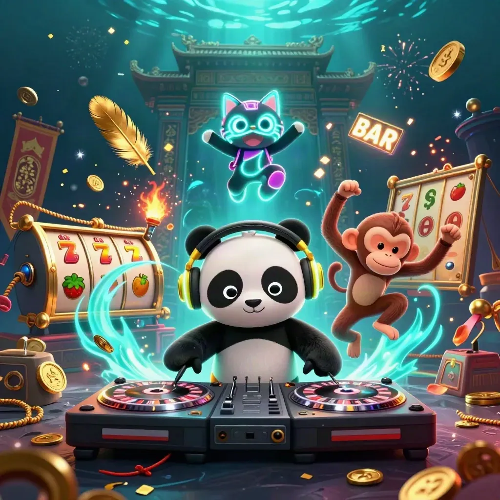 DJ panda, dancing monkey, and rave kitten in a neon casino fantasy