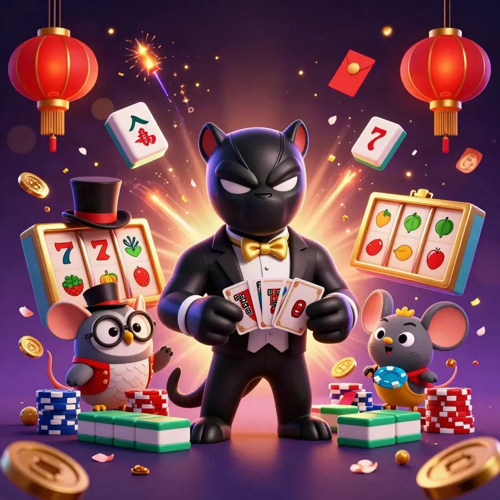 Panther, owl, and mouse amid casino icons, coins, lanterns, and glowing slot symbols