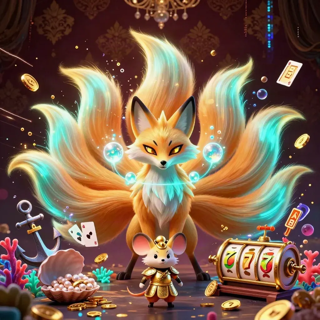Fox spirit and samurai mouse amid casino treasure, coins, coral, reels, and glowing neon effects.