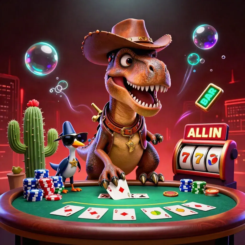 Cowboy T-Rex, cactus sidekick, and sheriff roadrunner in a neon poker-slot jackpot scene.