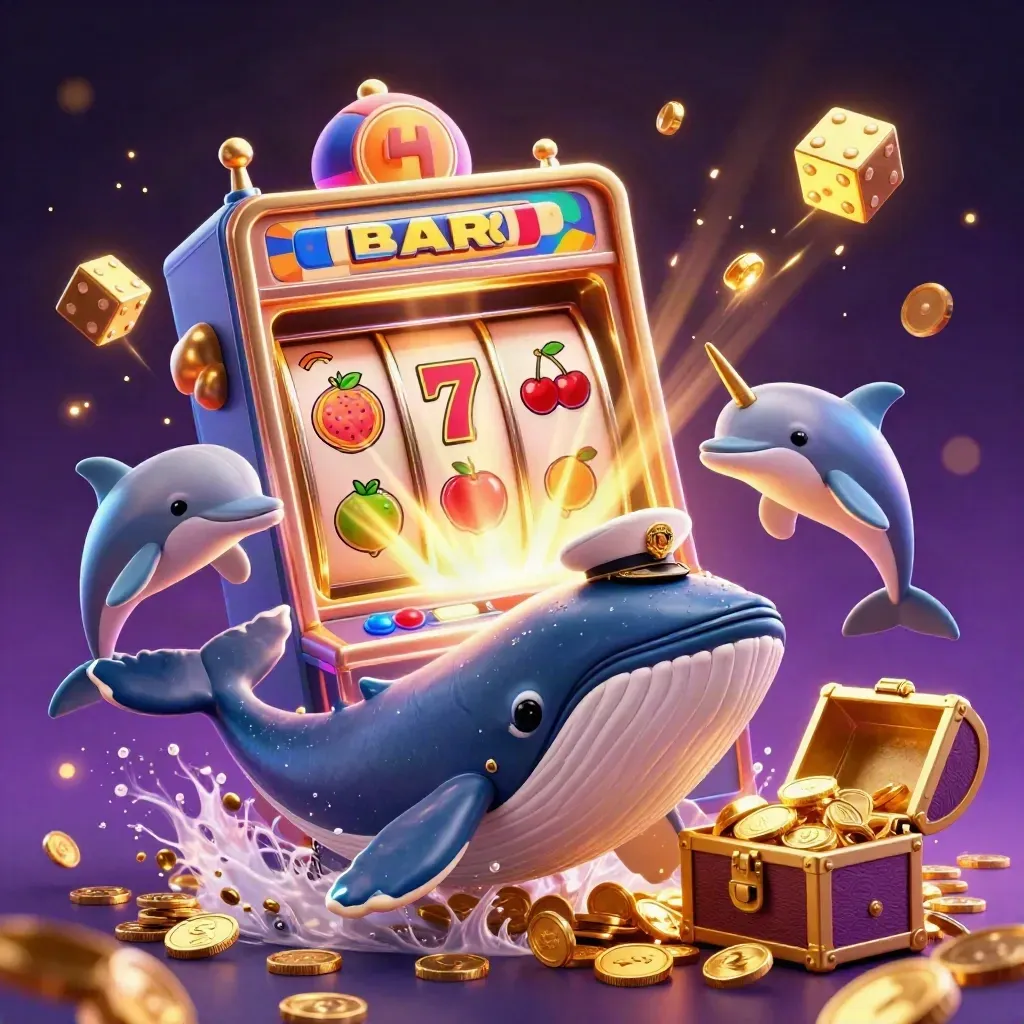 Whale captain, narwhal and dolphins amid a bursting slot machine, gold coins and neon sparks.