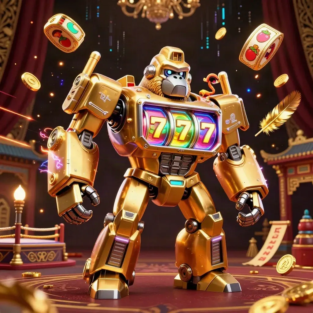 Golden gorilla mech with tiny monkey pilot amid casino reels, coins, and neon sparks.