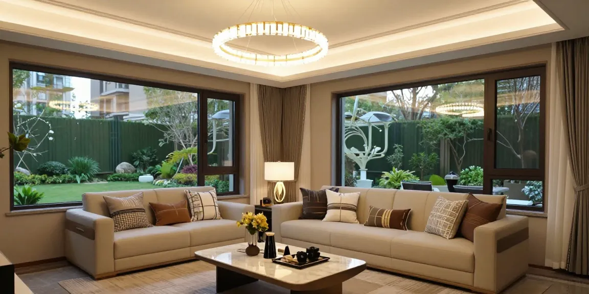 Candelabre LED elegante în living modern, cu atmosferă caldă și confortabilă.