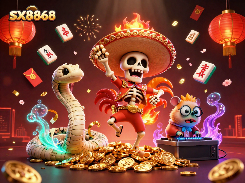 SX8868 offers an exciting gaming experience with colorful characters celebrating among gold coins.