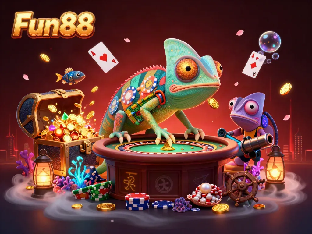 Engage with Fun88 and immerse in vibrant casino action featuring a playful chameleon owner.