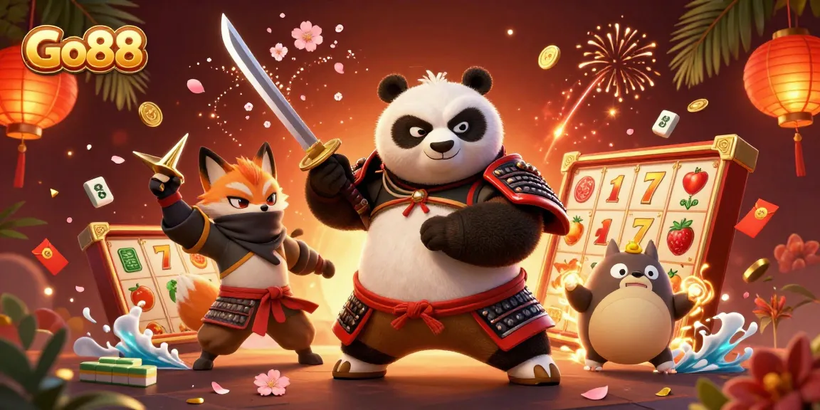 Engage with Go88 in a vibrant casino scene featuring samurai panda and ninja fox.