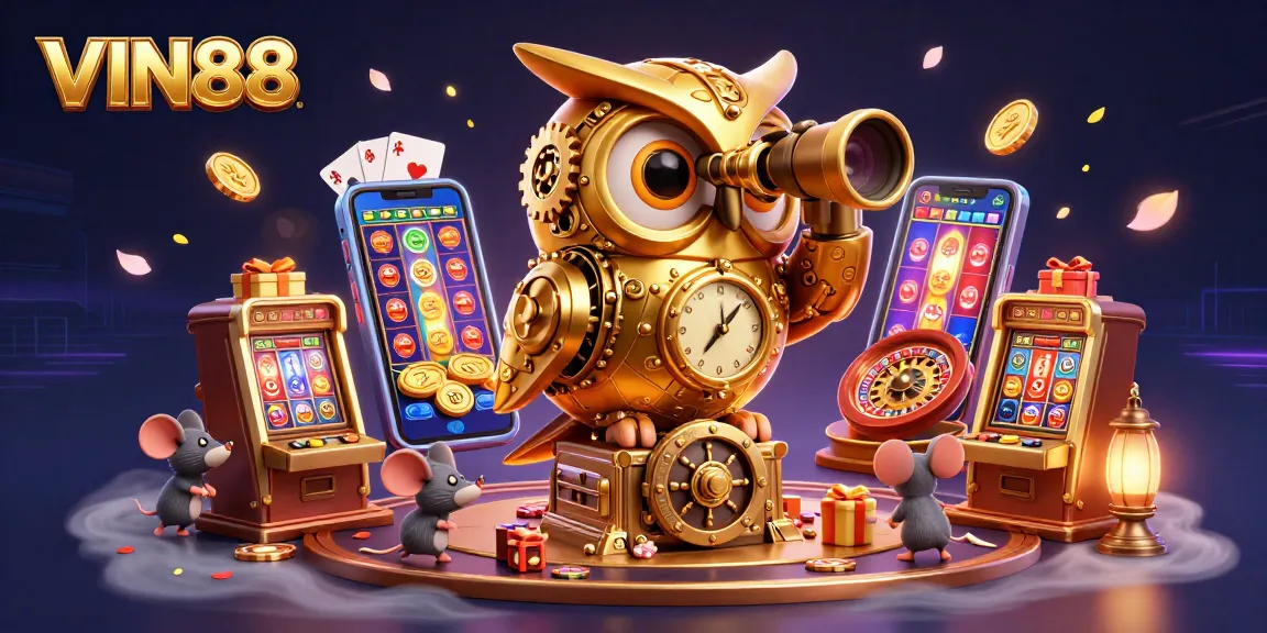 Play exciting games at VIN88, featuring a dynamic scene with animated owl, slot machines, and casino action.
