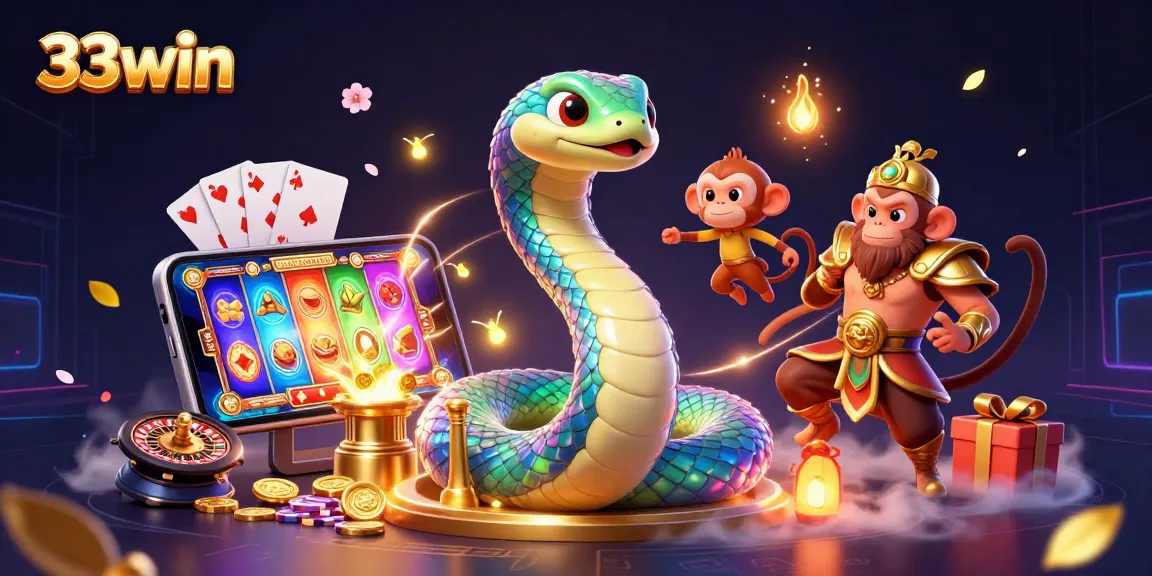 33win offers exciting slot games with vibrant characters and dynamic casino elements in a colorful 3D scene.