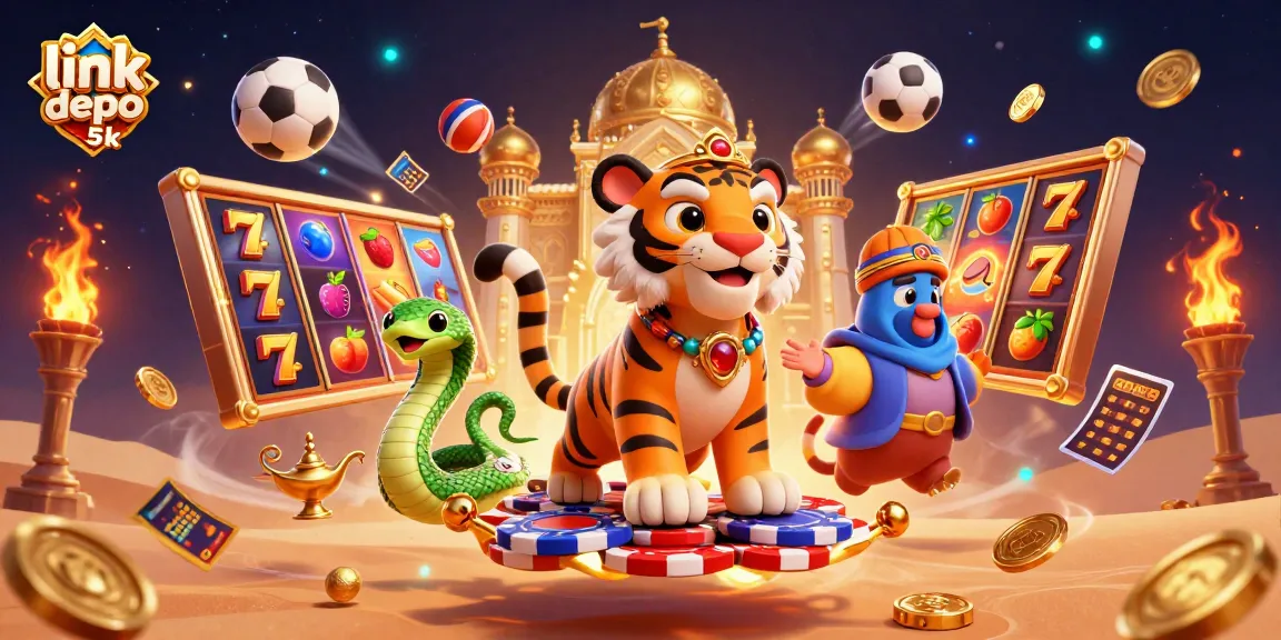 Experience the magic of link slot depo 5k with vibrant slot reels and a tiger sultan on a flying carpet.
