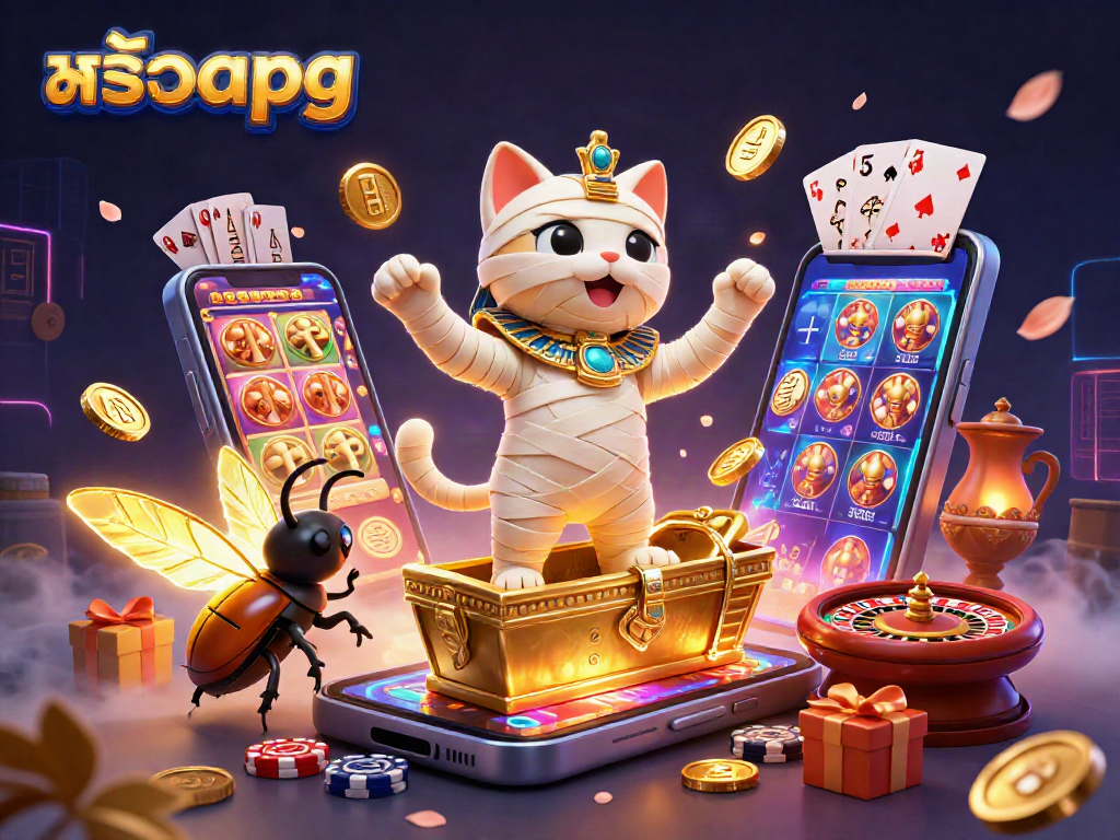 Spin to win with สล็อตpg in a vibrant pyramid casino scene featuring a mummy cat and glowing elements.