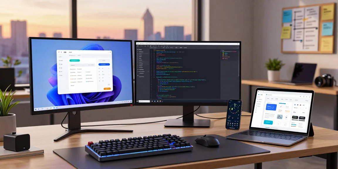 快连 application showcased on multiple screens in a modern tech workspace during sunset.