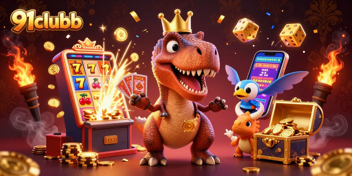 Engaging 3D cartoon illustration showcasing the fun atmosphere of 91clubb with lively characters, casino games, and vibrant rewards.