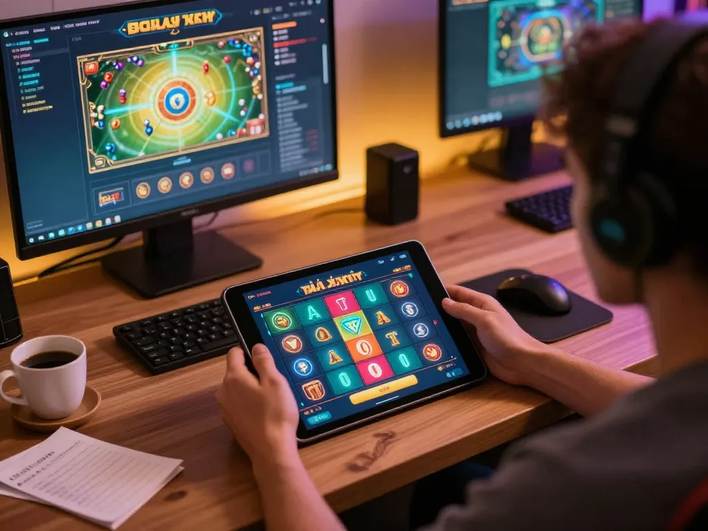 Engaging online gambling with taixiuvn app on tablet in a cozy home setting.
