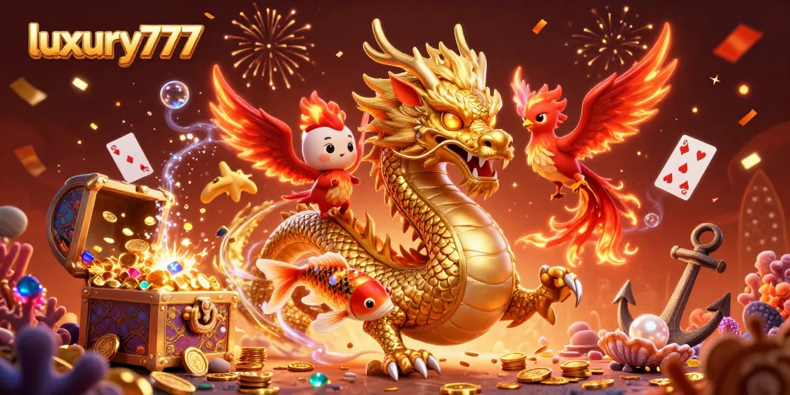 Experience thrilling wins with luxury777 as golden dragon and phoenix celebrate amidst coins and gems.