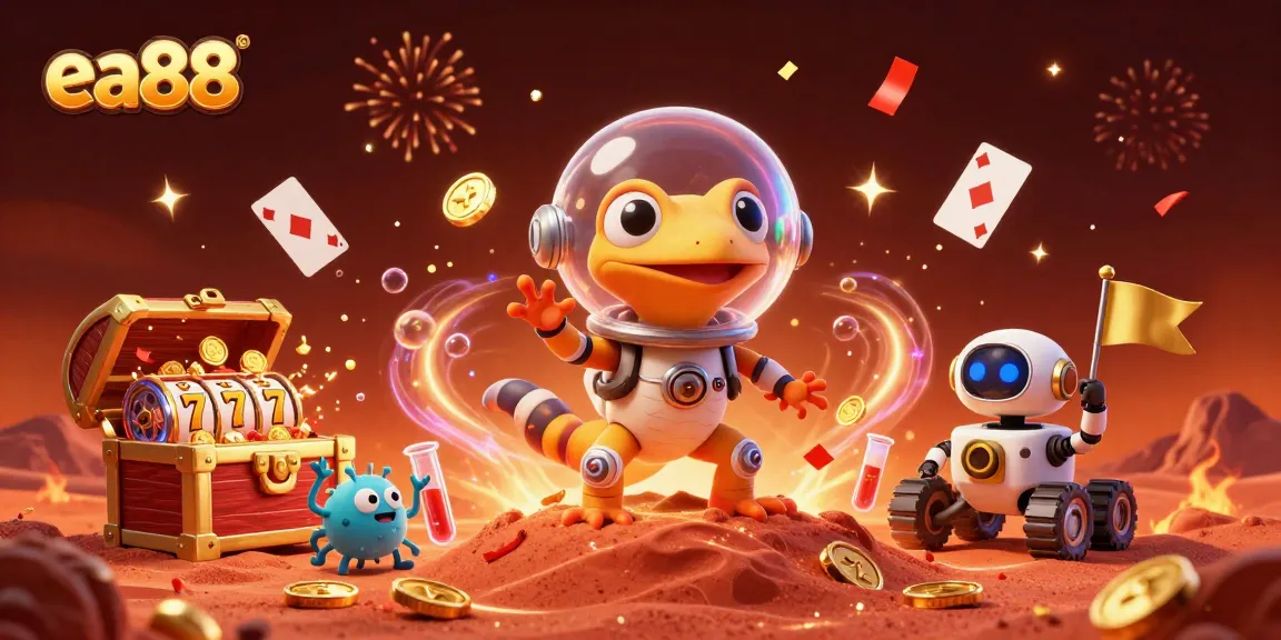 Celebrate winning moments at ea88 with a vibrant Martian gecko discovering treasures in a golden casino scene.
