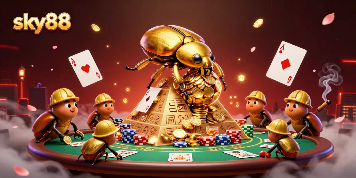 Sky88 casino-themed illustration with golden beetles rolling coins amidst poker elements.